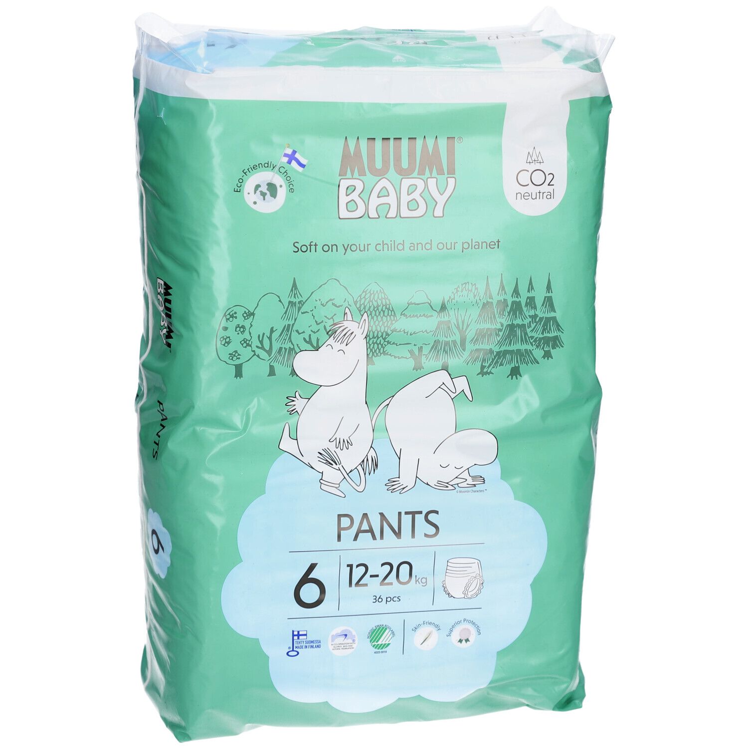 Verpackung von Muumi Baby Pants, Größe 6 (12-20 kg). Mintgrün mit Illustrationen, Produktname und Größenangabe.