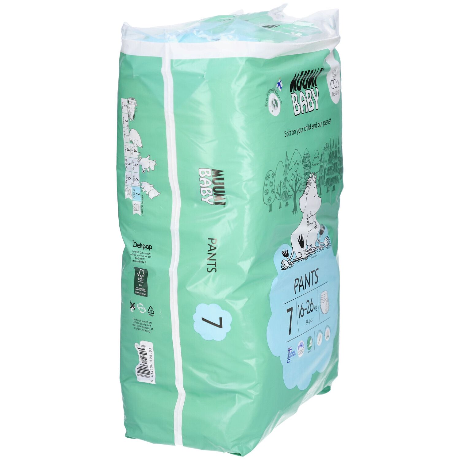 Windelhosen-Packung, Seitenansicht. Marke: Muumi Baby. Größe 7. Grün-weiße Verpackung mit Text und Illustrationen.