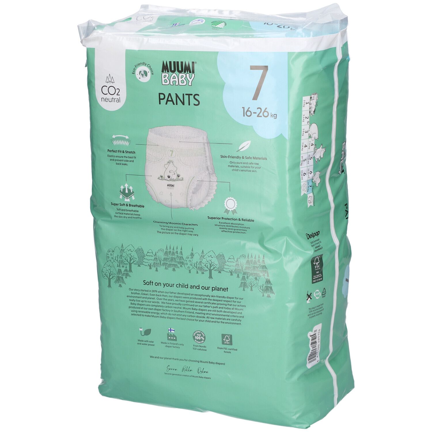 Windelhosen-Packung. Marke: Muumi Baby. Größe 7, 16-26 kg. Grün-weiße Verpackung mit Produktinformationen und Illustrationen.