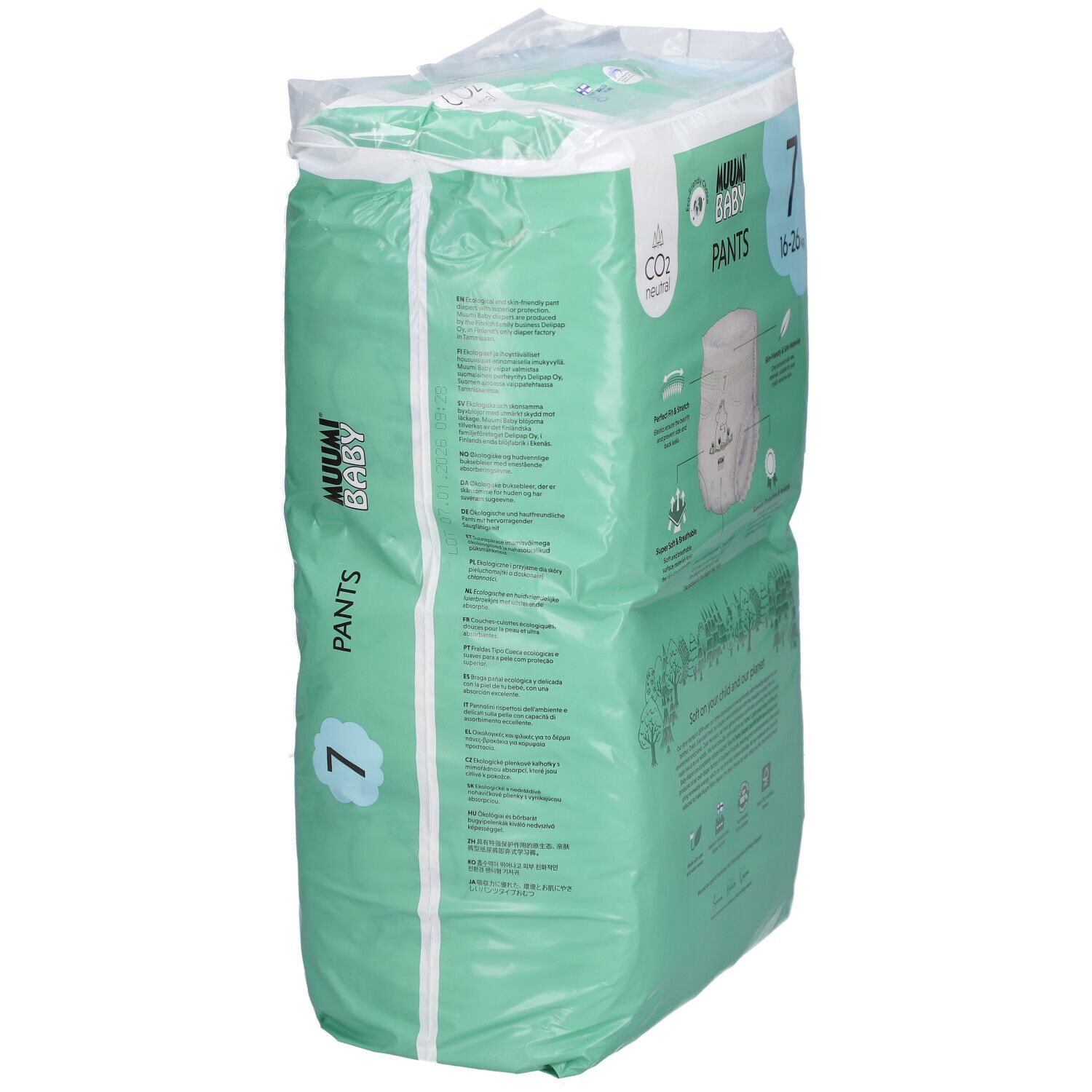 Windelhosen-Packung, Seitenansicht. Marke: Muumi Baby. Größe 7. Grün-weiße Verpackung mit Text und Illustrationen.