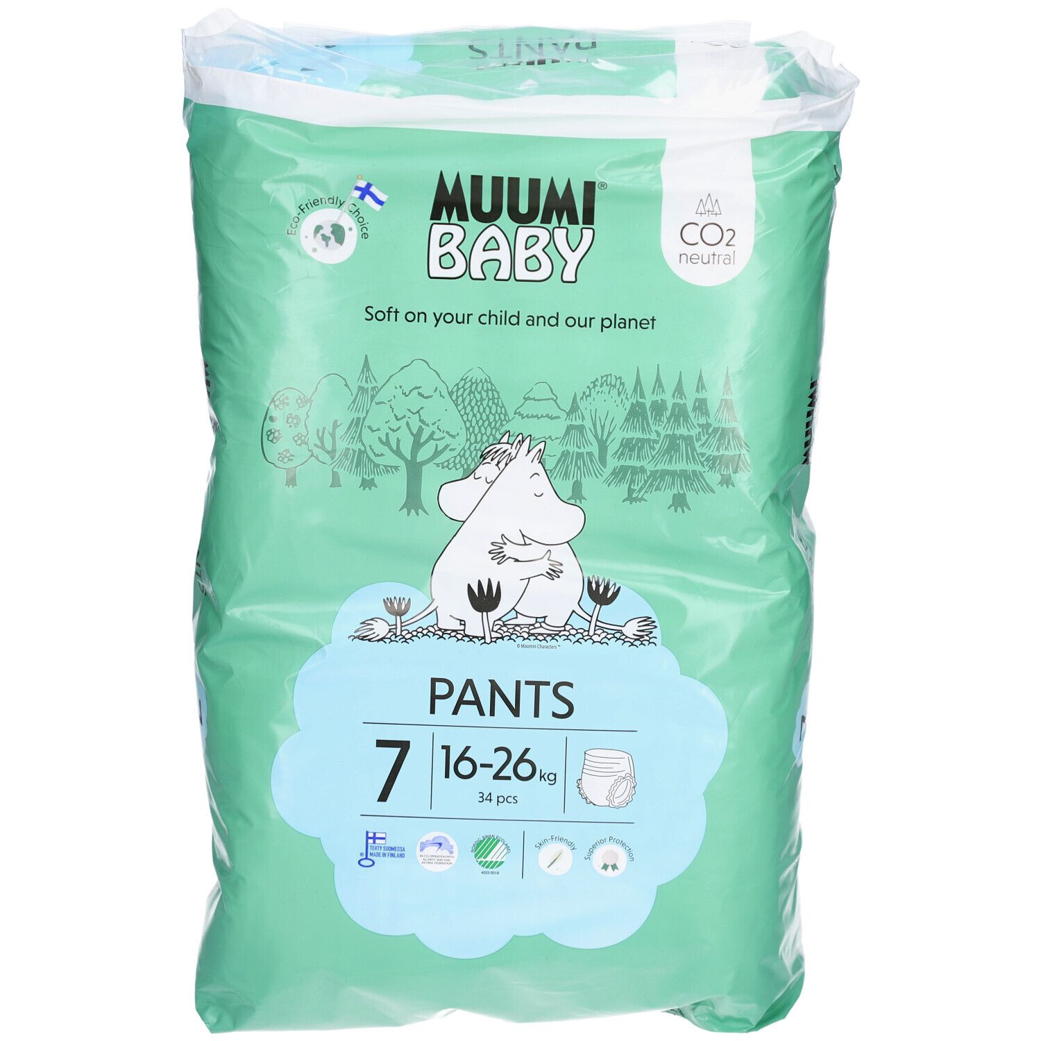 Windelhosen-Packung. Marke: Muumi Baby. Größe 7, 16-26 kg. Grün-weiße Verpackung mit Illustrationen und Text.