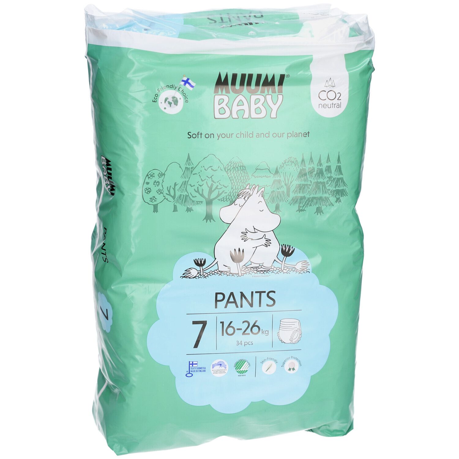 Windelhosen-Packung. Marke: Muumi Baby. Größe 7, 16-26 kg. Grün-weiße Verpackung mit Illustrationen und Text.