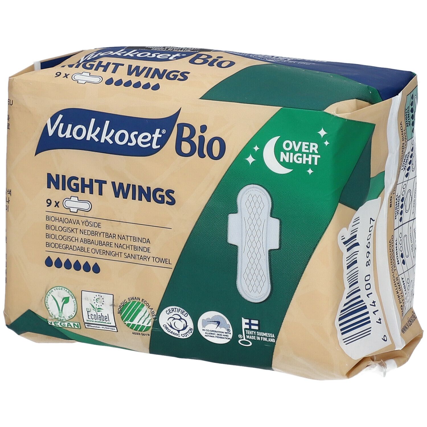 Paquet de Vuokkoset Bio Night Wings. 9 unités. Avec ailettes. Vegan, écolabel, coton biologique certifié.