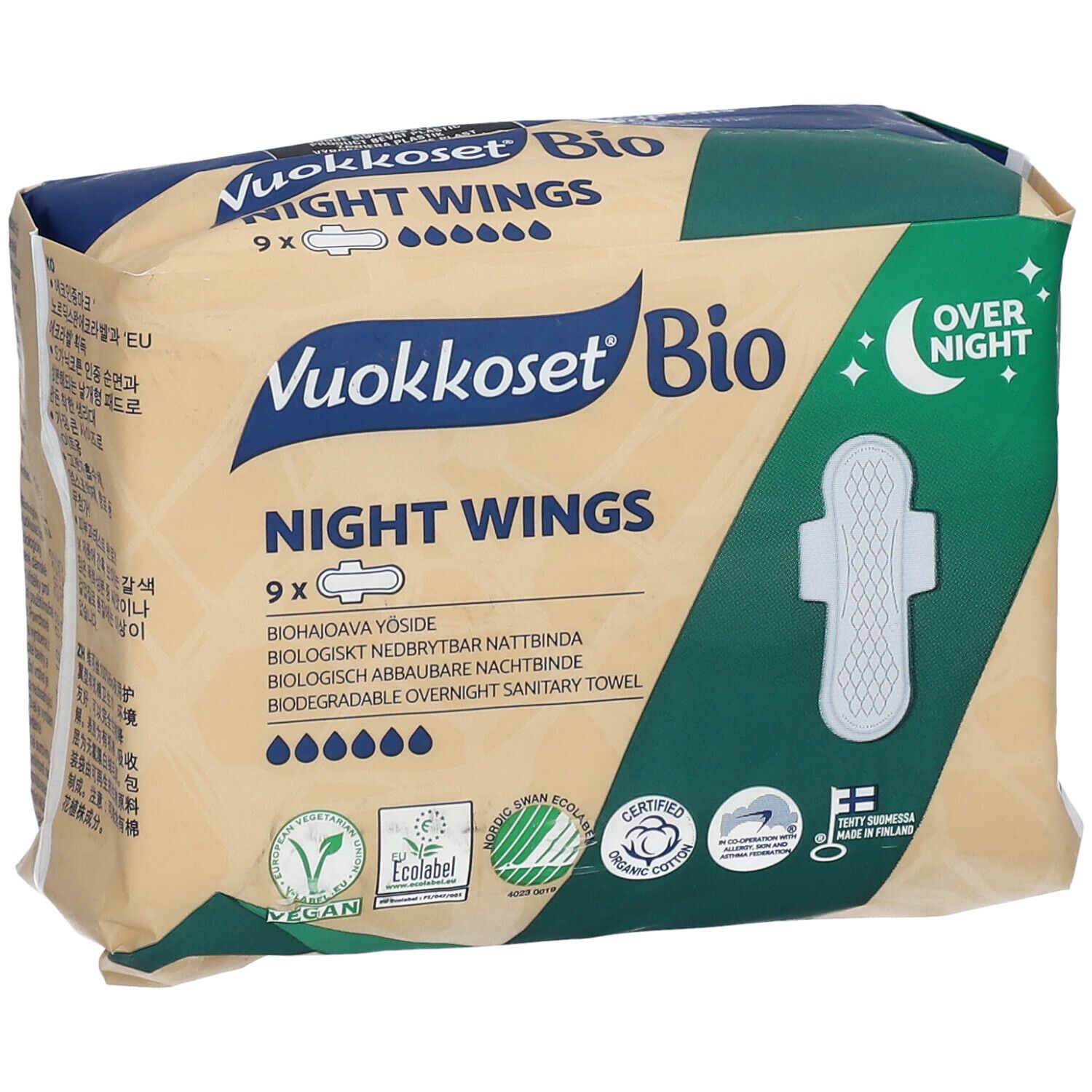 Paquet Vuokkoset Bio Night Wings. 9 unités. Nuit. Vegan, écolabel, coton bio. Avec ailettes.