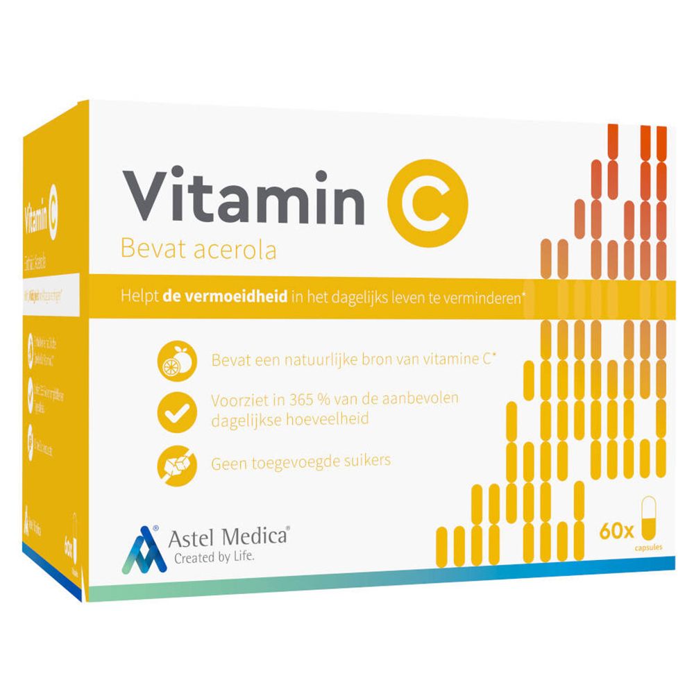 Witte doos met gele deksel. Opschrift: Vitamine C. Bevat acerola. Astel Medica logo. 60 tabletten.