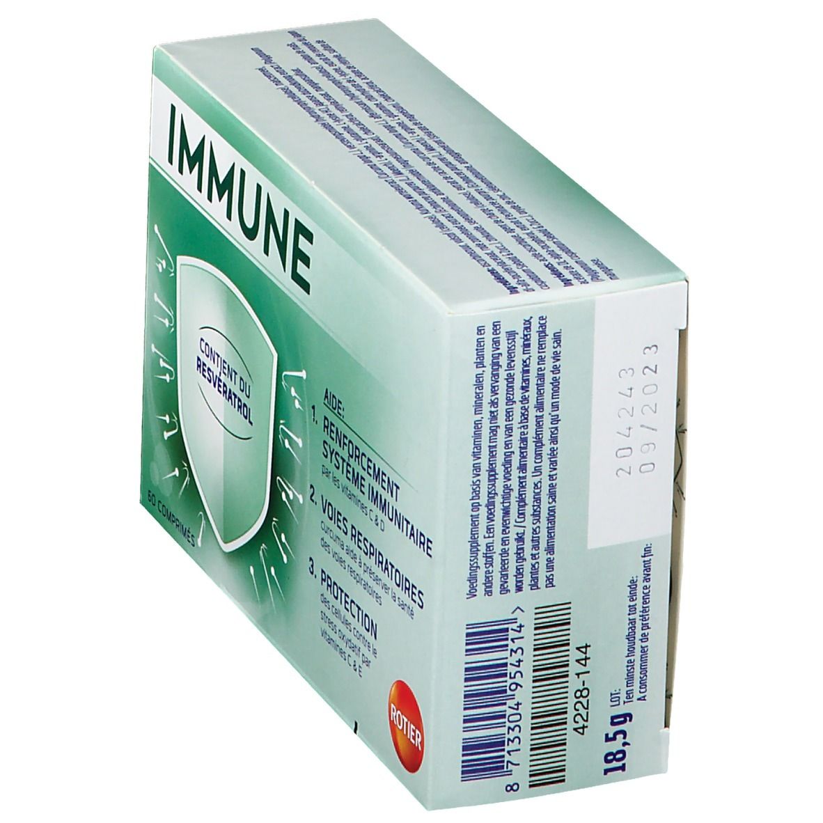 Vue oblique de la boîte "IMMUNE". Contient 60 comprimés. Date de péremption imprimée. Logo Rotier. Contient du resvératrol. Avantages du produit.