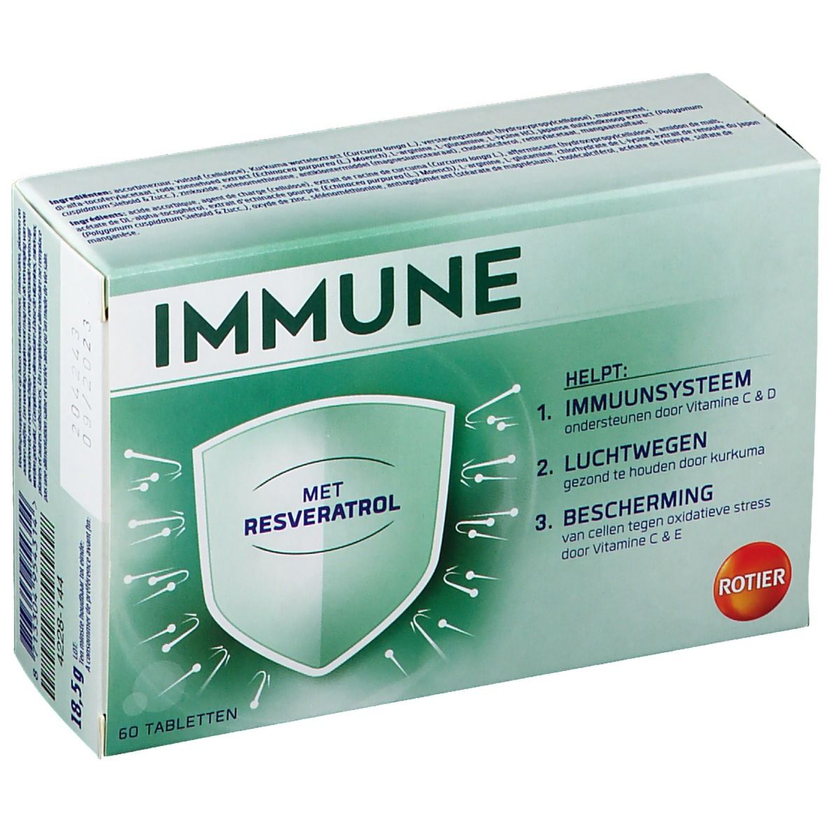 Boîte "IMMUNE" avec 60 comprimés. Avantages du produit listés. Contient du resvératrol. Logo Rotier. Soutient le système immunitaire.
