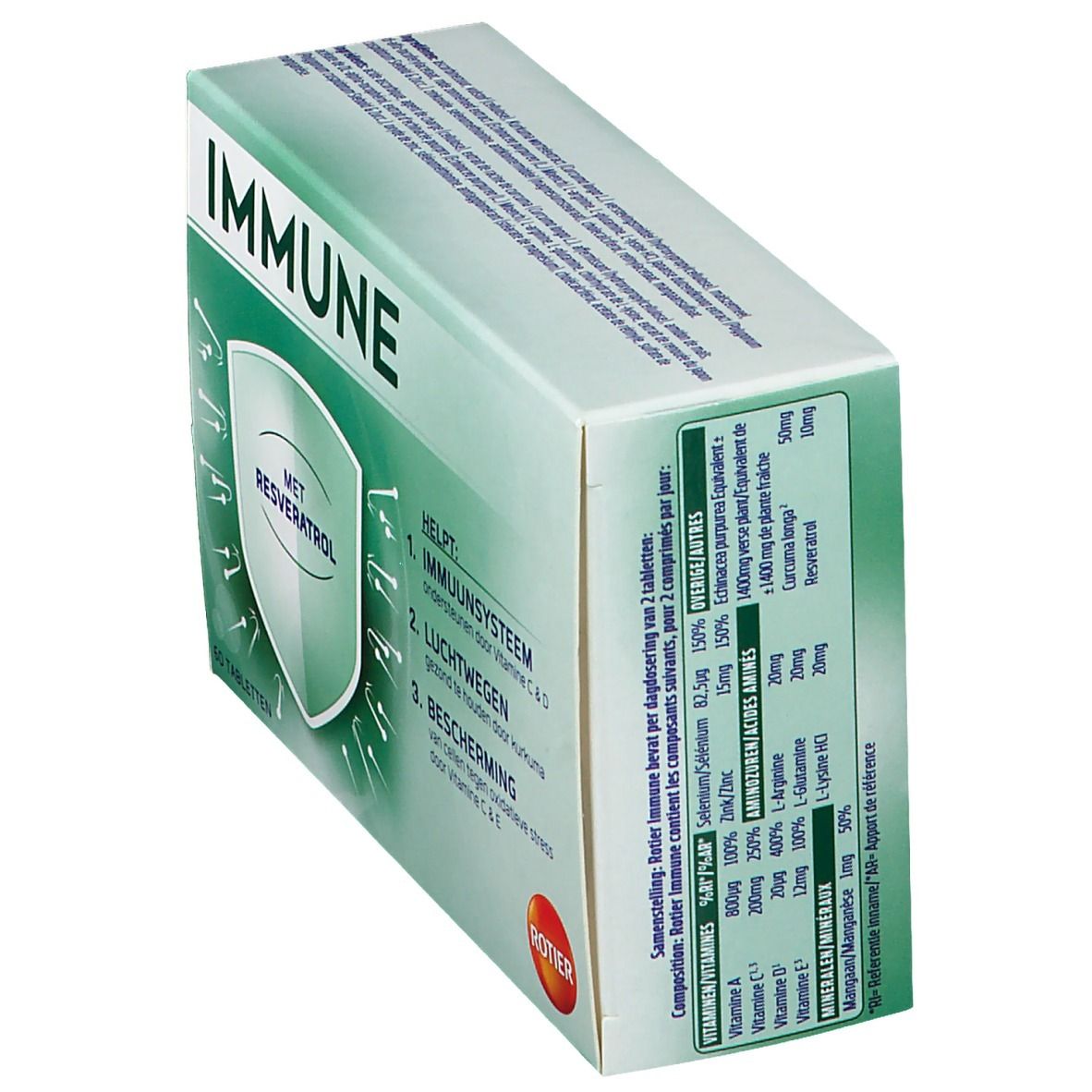 Vue oblique de la boîte "IMMUNE". Contient 60 comprimés. Ingrédients et informations nutritionnelles. Logo Rotier. Contient du resvératrol.
