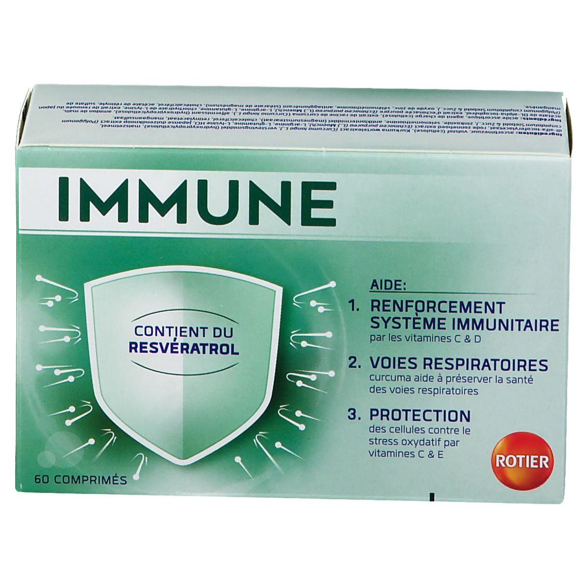Boîte "IMMUNE" avec 60 comprimés. Avantages du produit listés. Contient du resvératrol. Logo Rotier. Soutient le système immunitaire.