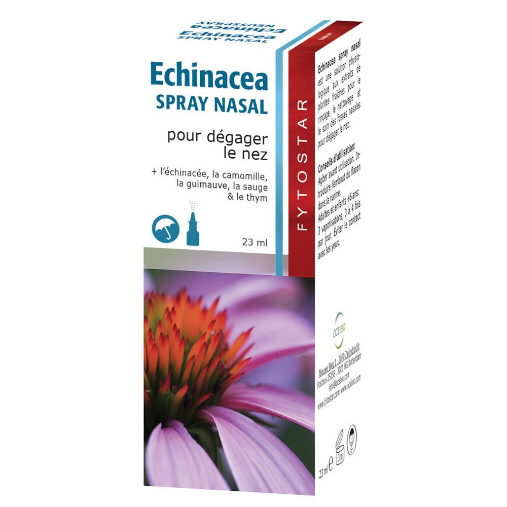 Doos met productopdruk. Opschrift: Echinacea Spray Nasal. Bevat 23 ml. Met ingrediënten en logo.