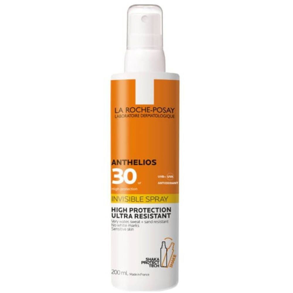 Zonnebrandsprayfles met witte sproeikop en oranje etiket. Tekst: Anthelios 30, Invisible Spray.