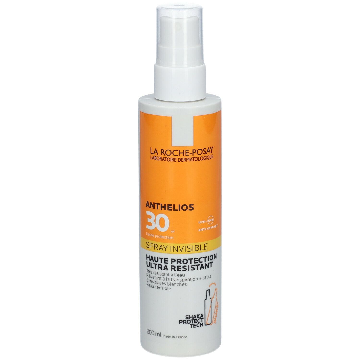 Zonnebrandsprayfles met witte sproeikop en oranje etiket. Tekst: Anthelios 30, Spray Invisible.