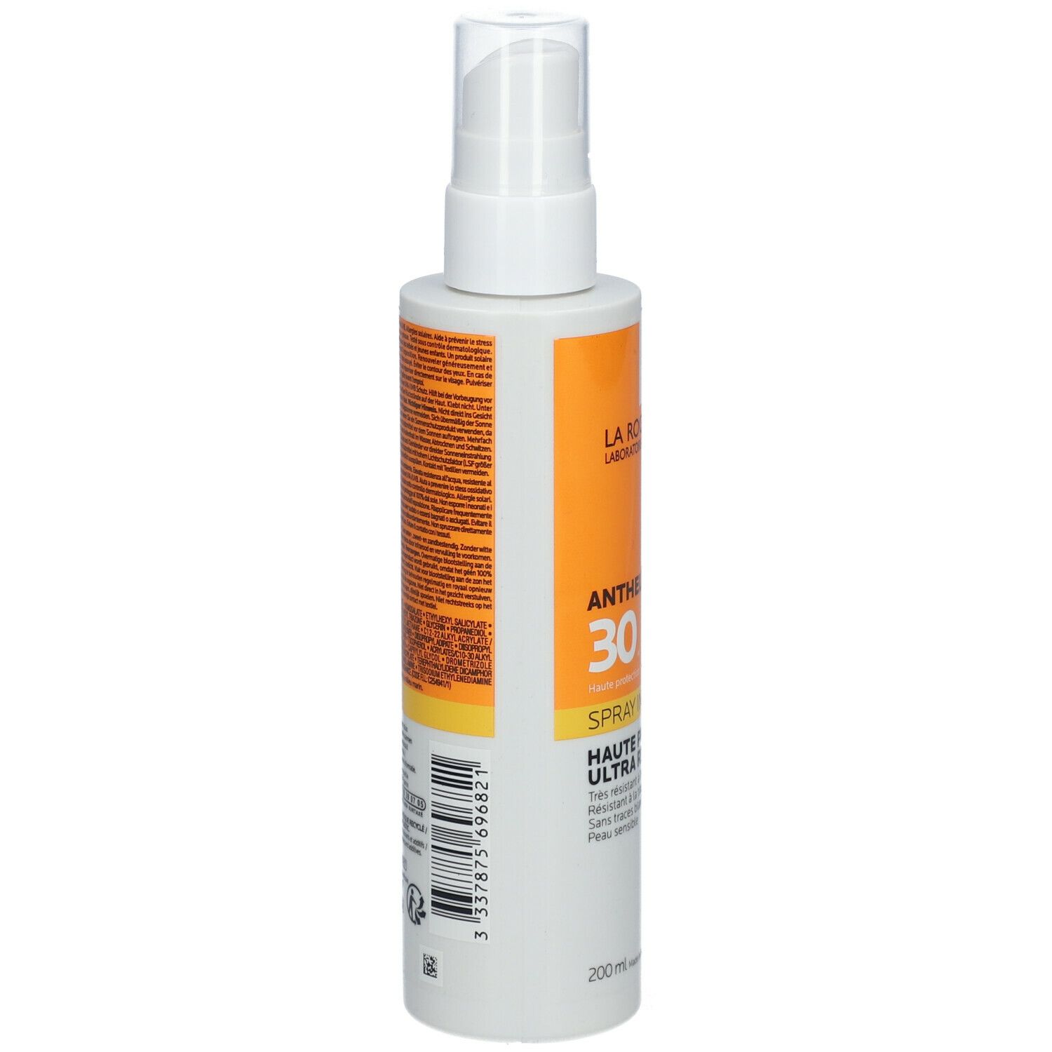 Achterkant van de zonnebrandsprayfles. Tekst en barcode. Oranje etiket met productinformatie.