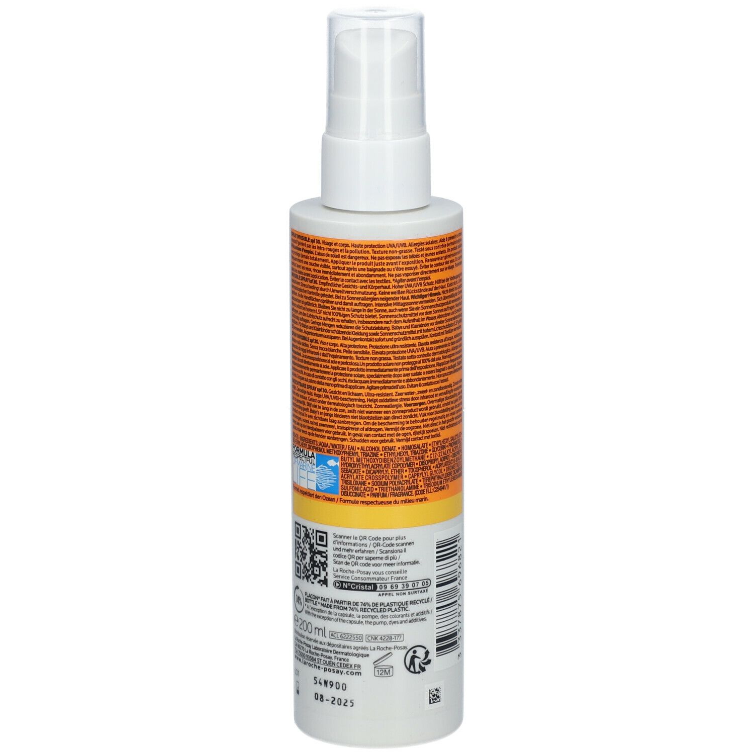 Achterkant van de zonnebrandsprayfles. Tekst en QR-code. Oranje etiket met productinformatie.