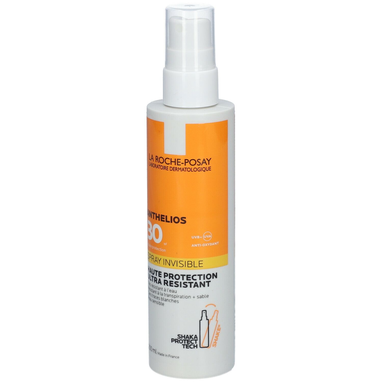 Zonnebrandsprayfles met witte sproeikop en oranje etiket. Tekst: Anthelios 30, Spray Invisible.