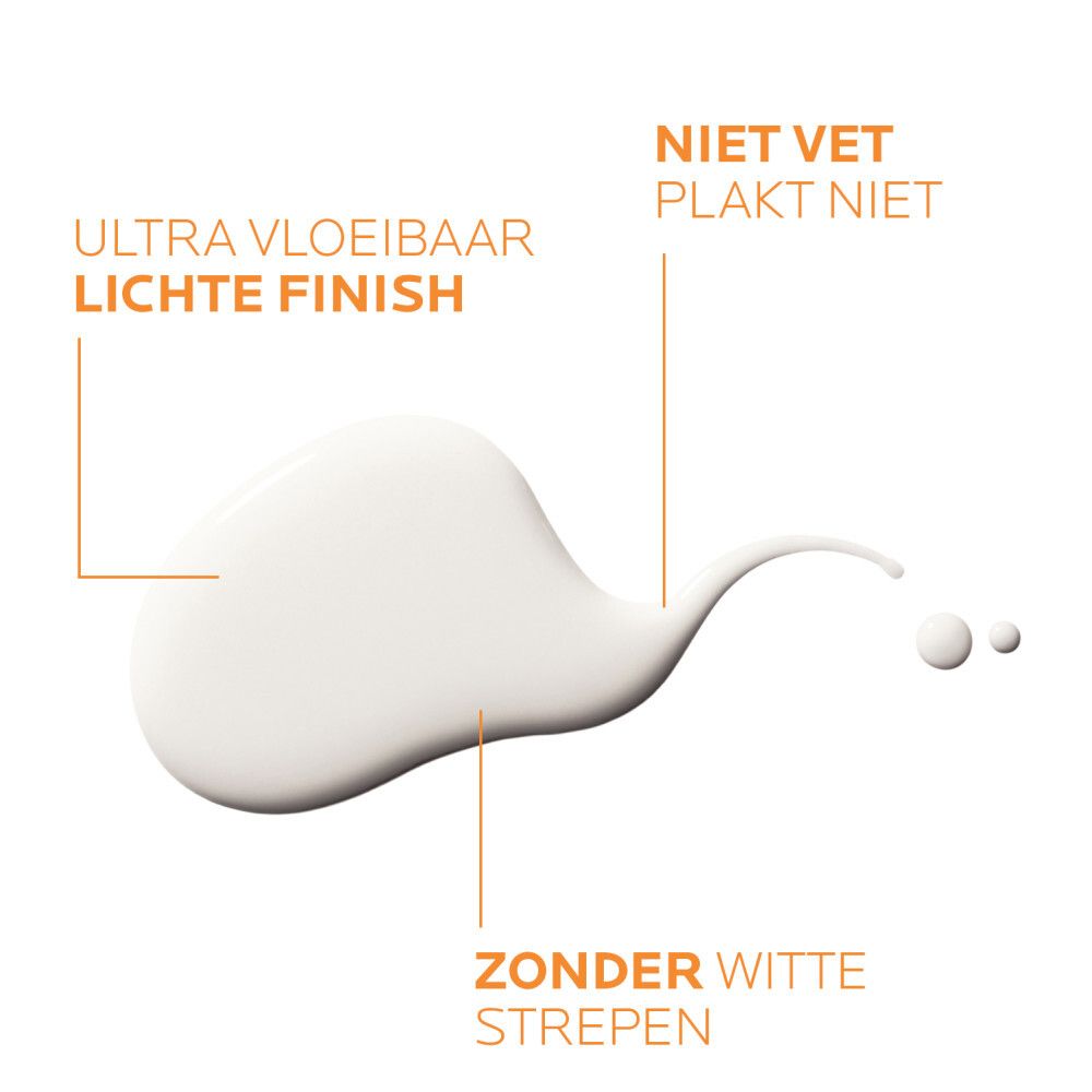 Close-up van een witte crème textuur. Tekst: Ultra vloeibaar, Lichte finish, Zonder witte strepen.