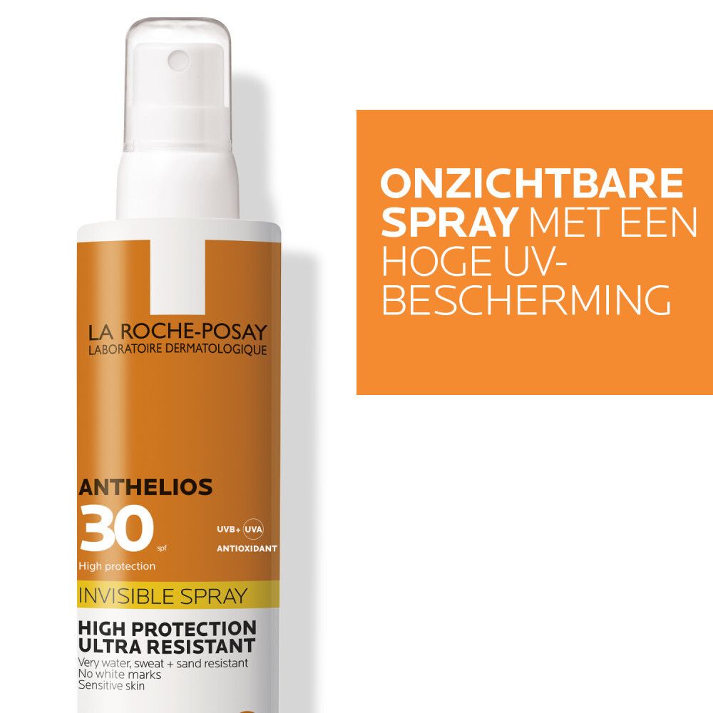 Zonnebrandsprayfles met witte sproeikop en oranje etiket. Tekst: Anthelios 30, Invisible Spray.