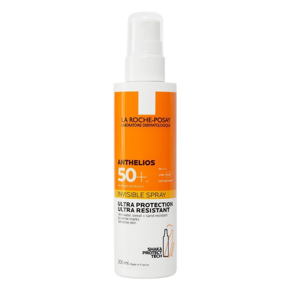 La Roche-Posay Anthelios 50+ Invisible Spray. Witte fles met oranje label. 200ml.