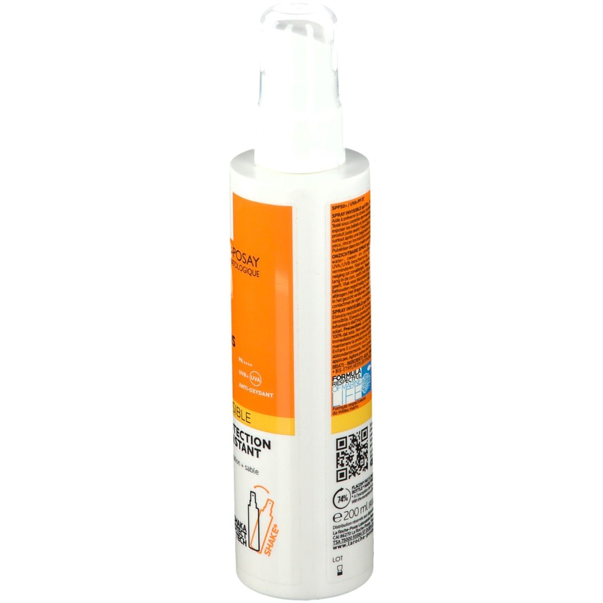La Roche-Posay Anthelios 50+ Invisible Spray. Achterkant van de fles. Tekst en QR-code.