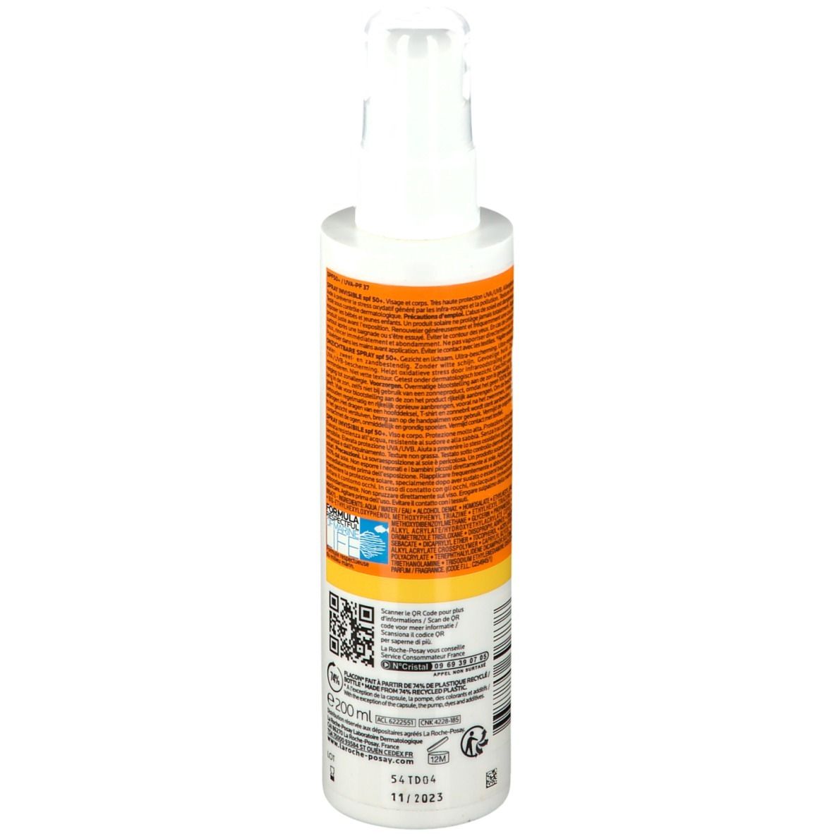 Achterkant La Roche-Posay Anthelios 50+ fles. Tekst en QR-code. 200ml.
