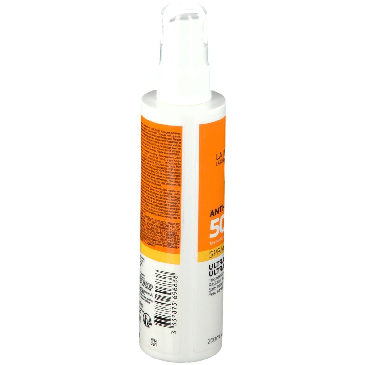 La Roche-Posay Anthelios 50+ Invisible Spray. Witte fles met oranje label. 200ml.
