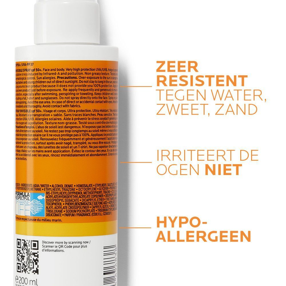 La Roche-Posay Anthelios 50+ Invisible Spray. Witte fles met oranje label. 200ml.