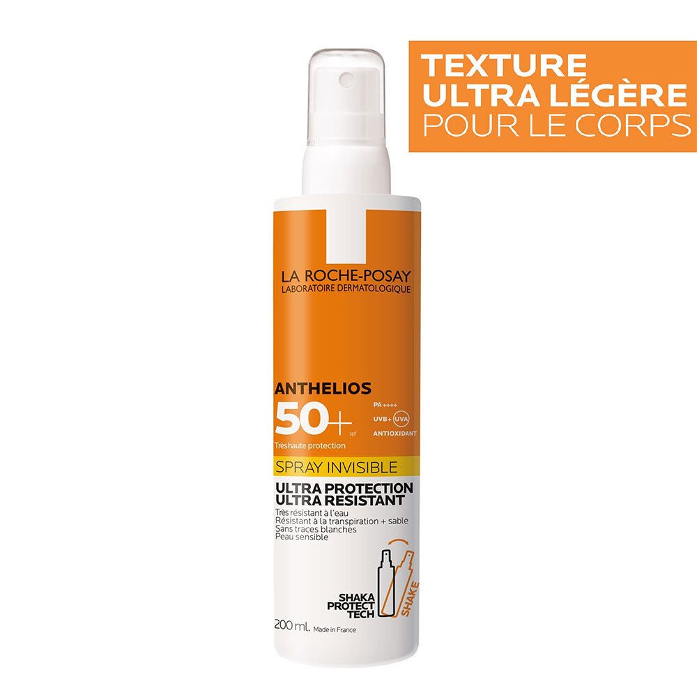 La Roche-Posay Anthelios 50+ Invisible Spray. Witte fles met oranje label. Ultra lichte textuur voor het lichaam.