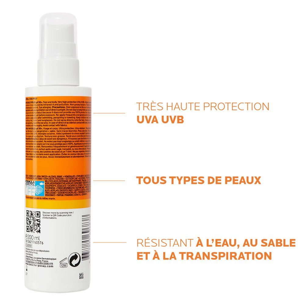 Achterkant La Roche-Posay Anthelios 50+ fles. Tekst en QR-code. Zeer hoge bescherming, alle huidtypes, waterbestendig.
