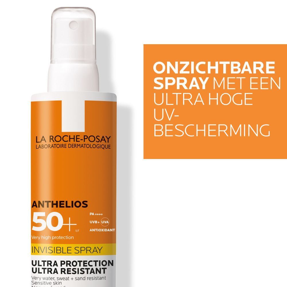 La Roche-Posay Anthelios 50+ Invisible Spray. Fles met logo. Formule getest voor het mariene milieu.