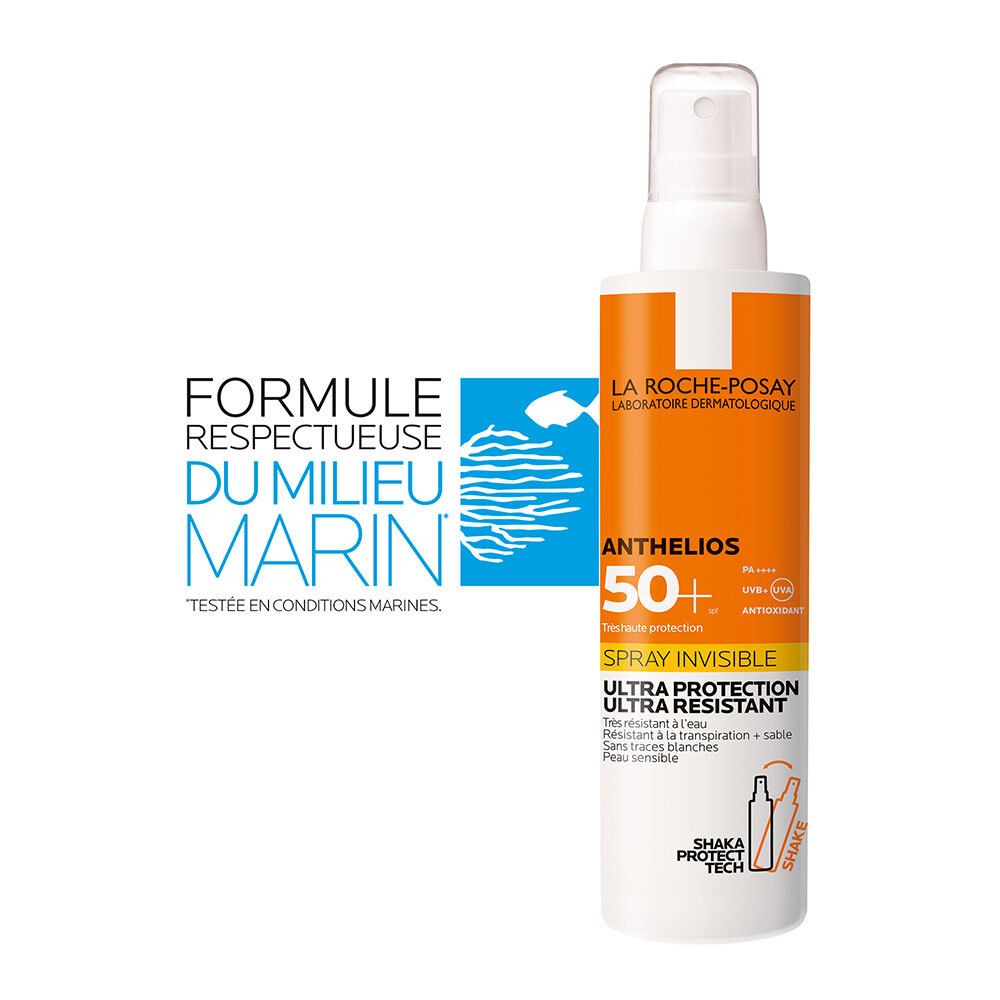 La Roche-Posay Anthelios 50+ Invisible Spray. Fles met logo. Formule getest voor het mariene milieu.