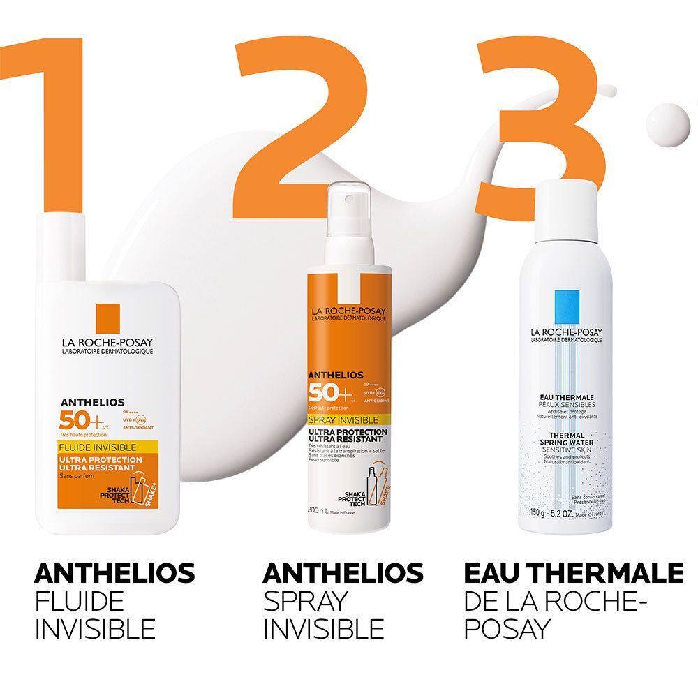 Drie La Roche-Posay producten: Anthelios Fluide, Spray en Eau Thermale. Witte flessen met oranje labels.