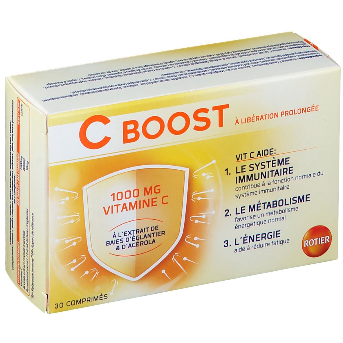 Verpakking "C BOOST" met "1000 mg Vitamine C". Bevat 30 tabletten. Opschrift: "À libération prolongée".