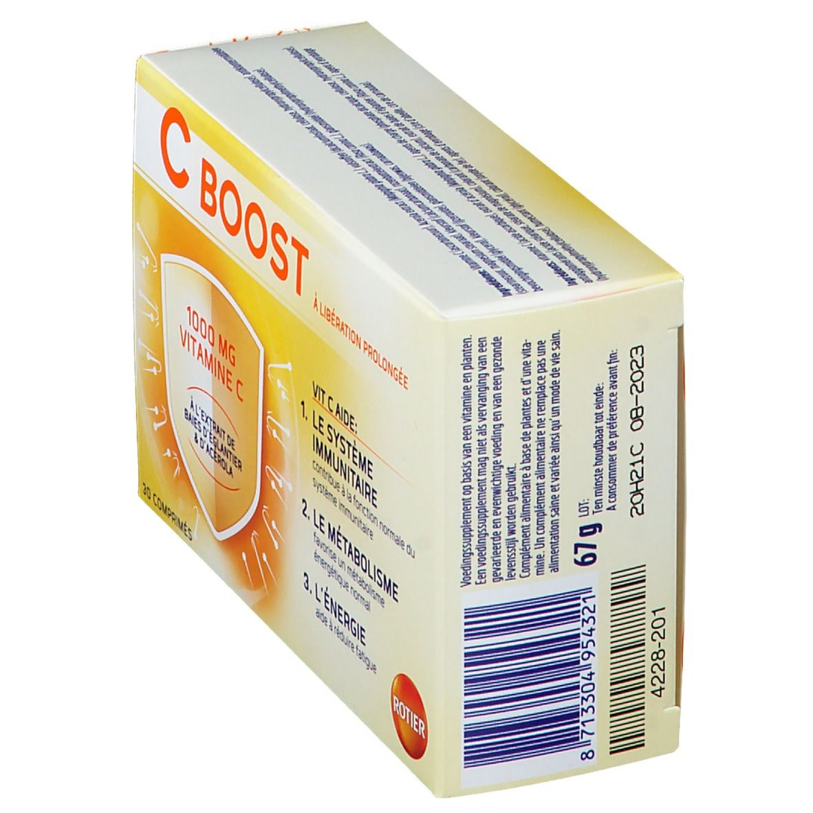 Schuine weergave van de verpakking "C BOOST". Opschrift: "1000 mg Vitamine C". Bevat 67g. Ten minste houdbaar tot: 08-2023.
