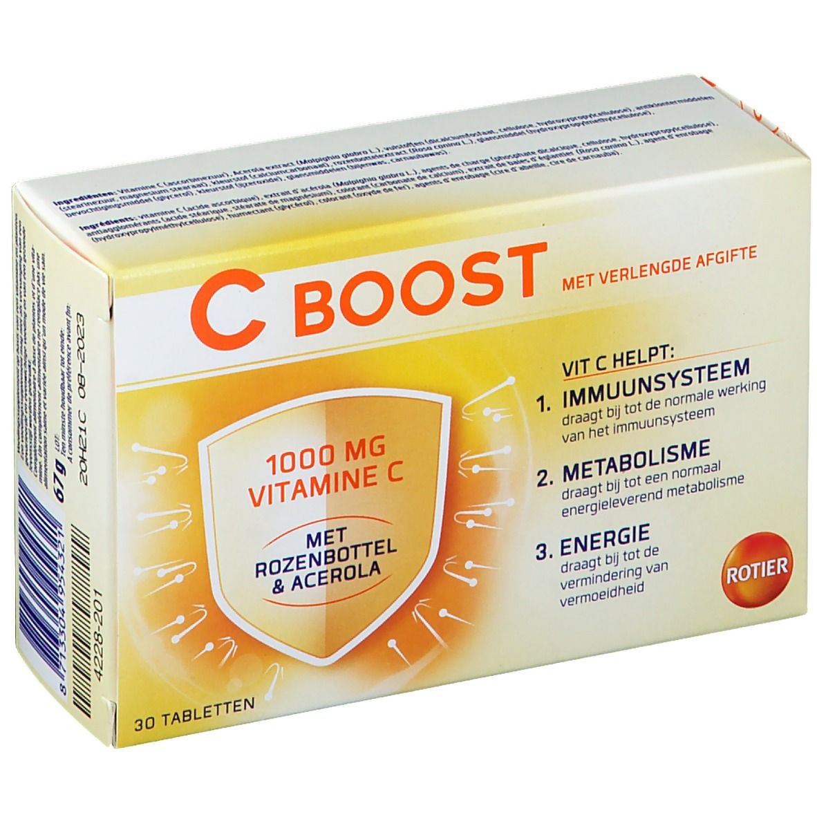 Verpakking "C BOOST" met "1000 mg Vitamine C". Bevat 30 tabletten. Opschrift: "Met verlengde afgifte".