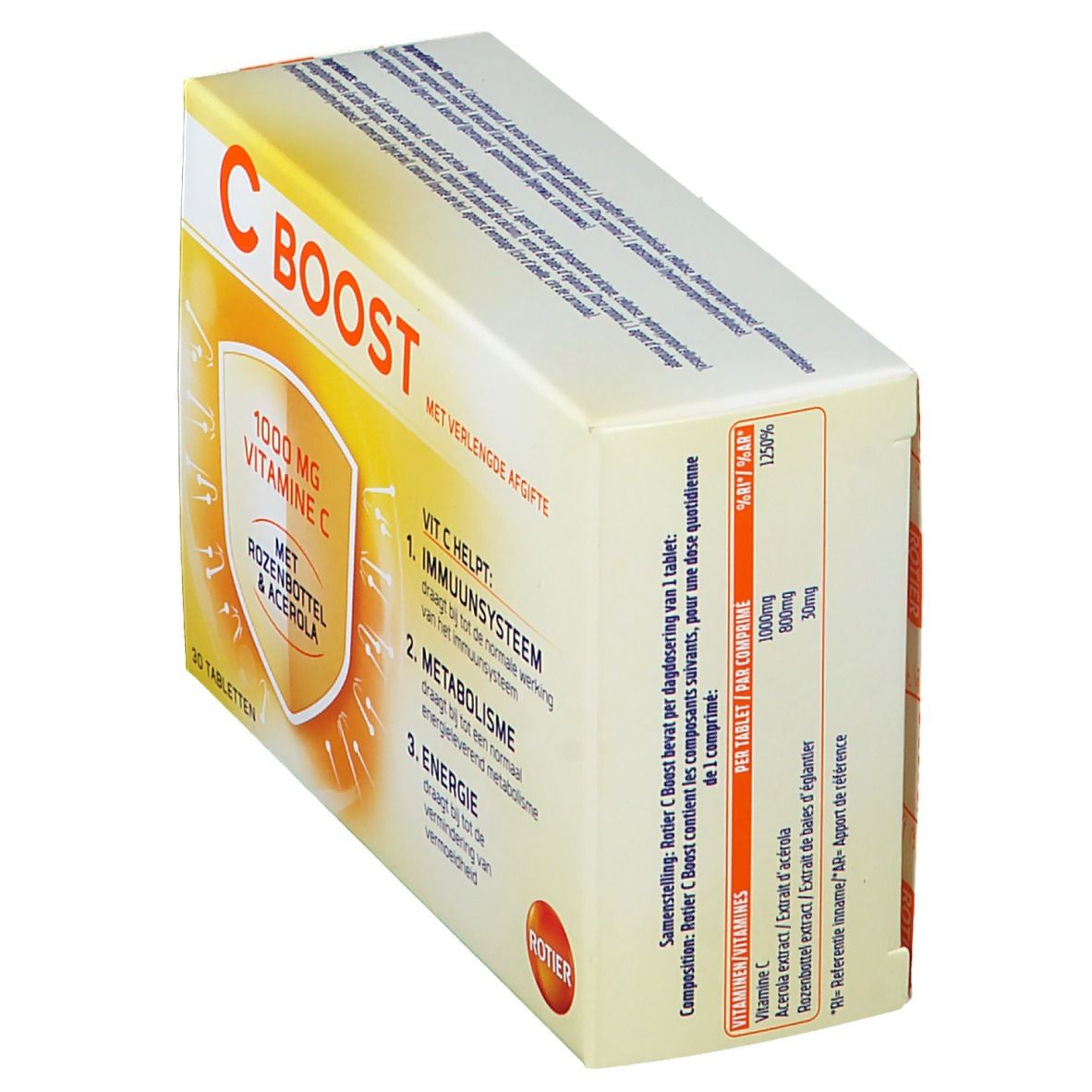 Schuine weergave van de verpakking "C BOOST". Opschrift: "1000 mg Vitamine C". Bevat 30 tabletten. Voedingswaarde.