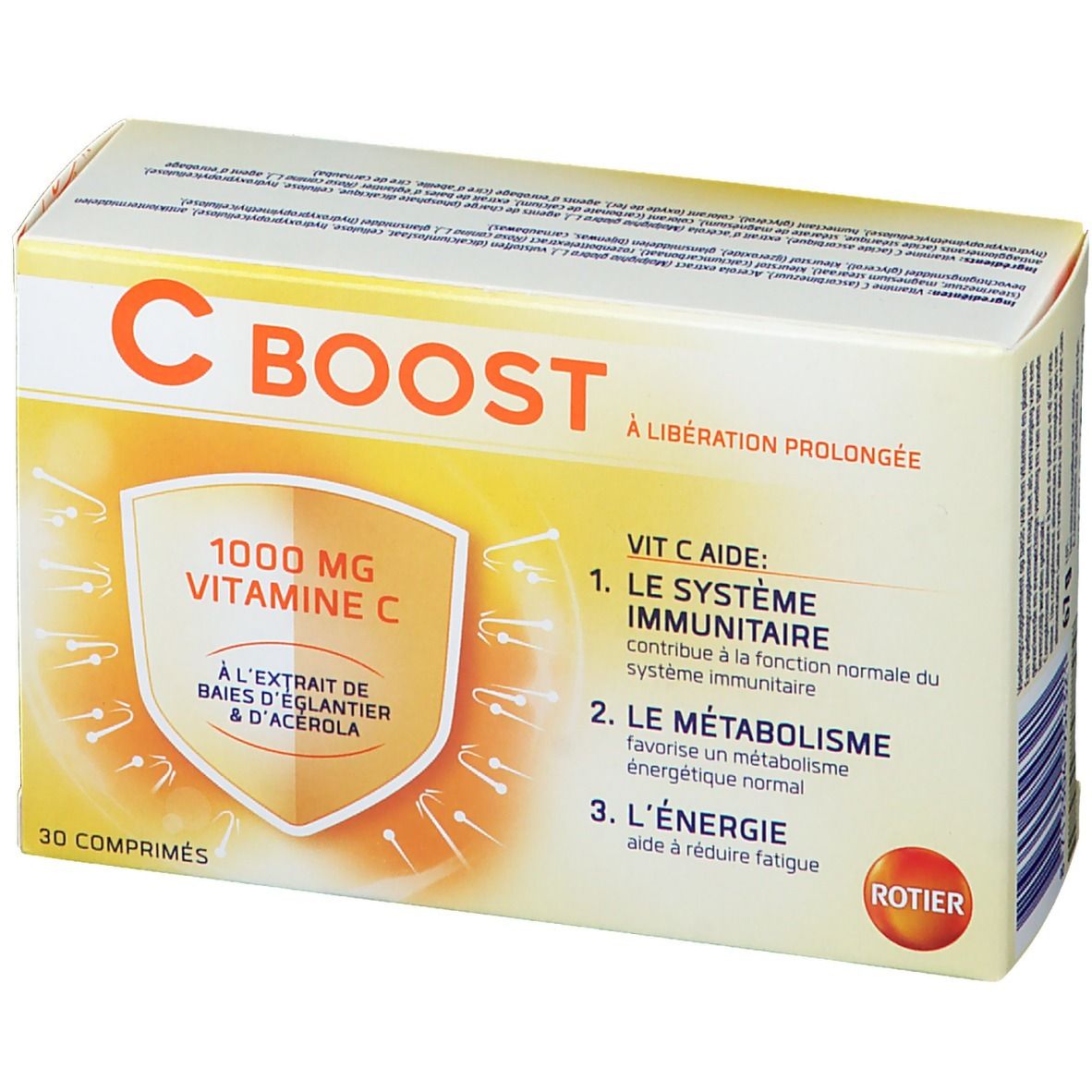 Verpakking "C BOOST" met "1000 mg Vitamine C". Bevat 30 tabletten. Opschrift: "À libération prolongée".