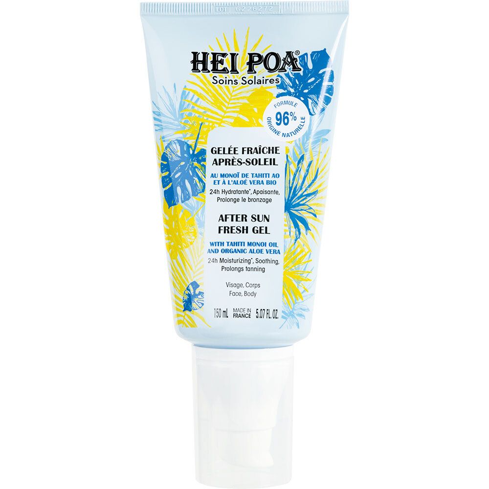 Tube AFTER SUN MILK TIARE met blauwe en gele afbeeldingen. Tekst: HEI POA, Après-Soleil, 96% ingrediënten van natuurlijke oorsprong.