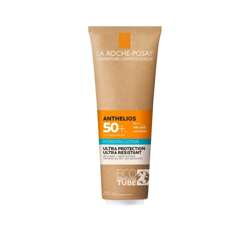 La Roche-Posay Anthelios Lotion SPF50+ tube. Beige tube met oranje accenten. Bevat tekst.