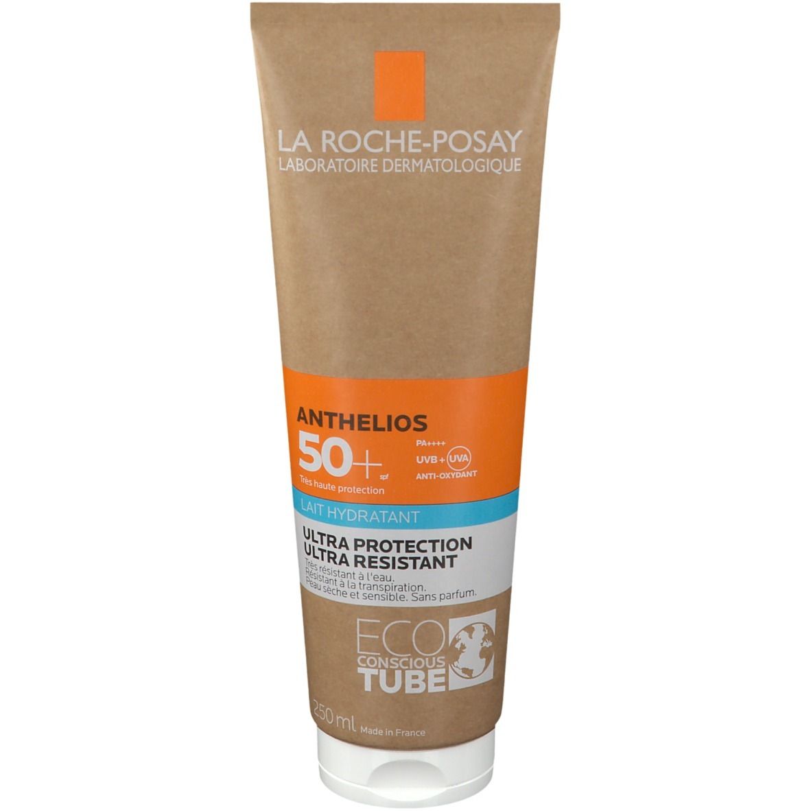 La Roche-Posay Anthelios Lotion SPF50+ tube. Beige tube met oranje accenten. Bevat tekst.