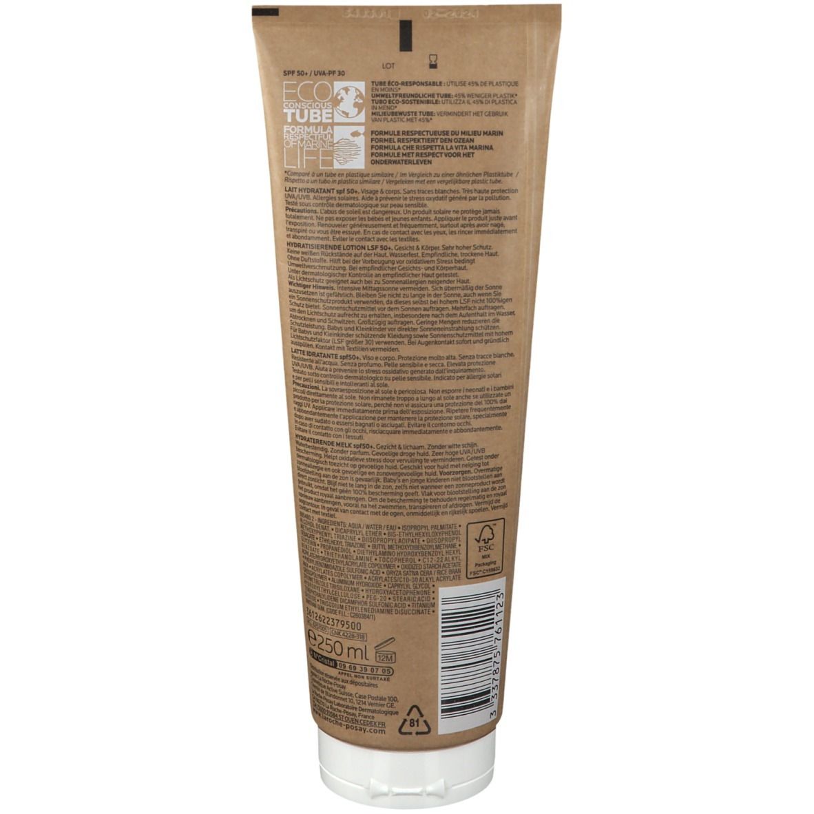 Achterkant La Roche-Posay Anthelios Lotion SPF50+ tube. Beige tube met tekst en logo's.