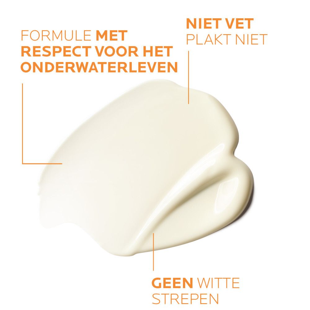 Productvoorbeeld La Roche-Posay Anthelios. Witte crème. Tekst: Niet vet, plakt niet, geen witte strepen.