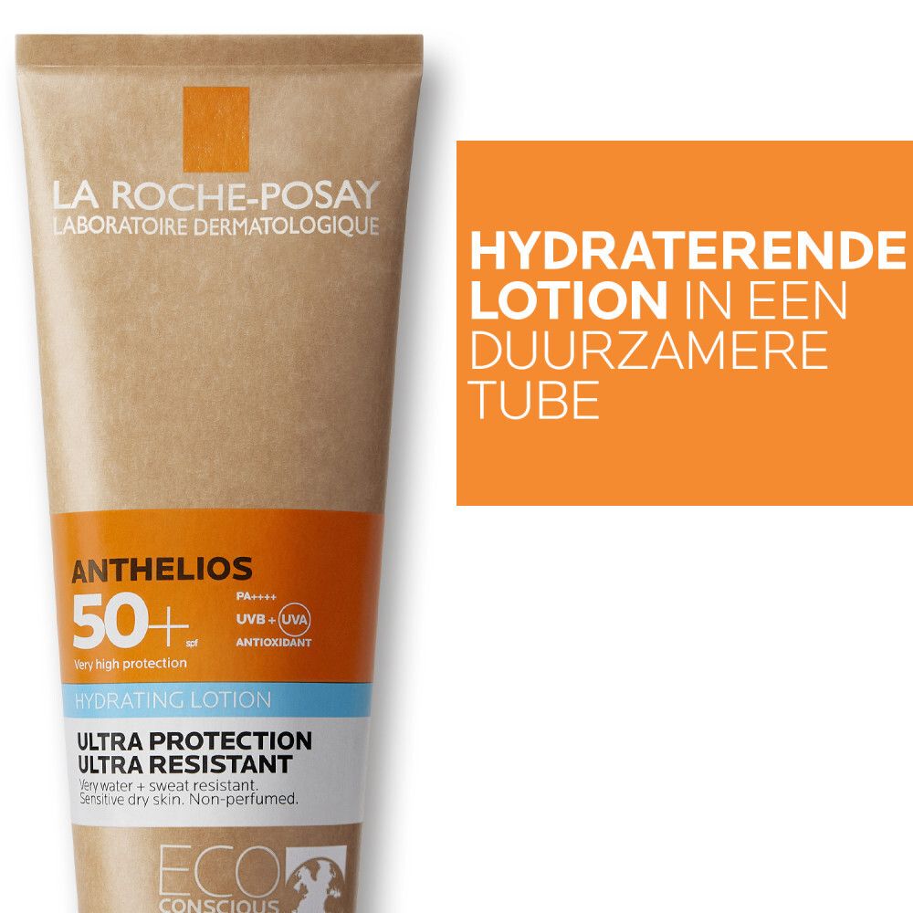 La Roche-Posay Anthelios Lotion SPF50+ tube. Beige tube met oranje tekst. Tekst: Hydraterende lotion.