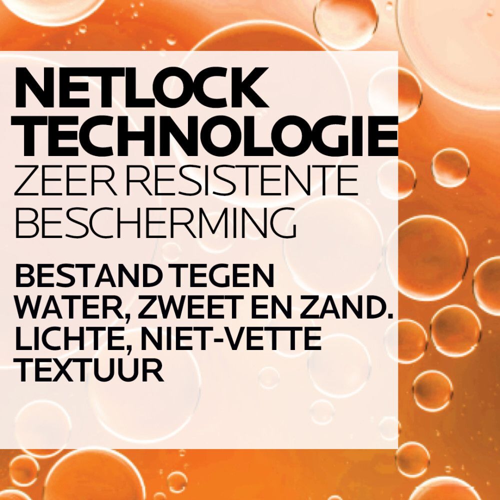 La Roche-Posay Anthelios Lotion SPF50+ tube. Beige tube met oranje tekst. Tekst: Netlock technologie.