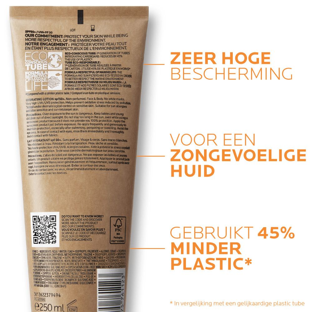 Achterkant La Roche-Posay Anthelios Lotion SPF50+ tube. Beige tube met tekst en logo's.