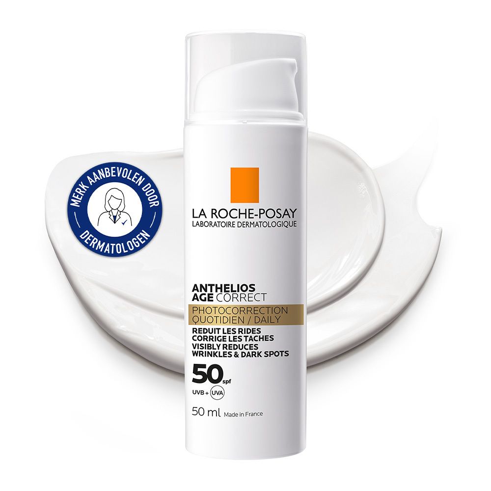 La Roche-Posay Anthelios Age-Correct Crème de Jour Légère SPF50. Witte tube met dispenser, blauw logo, tekst en SPF50.