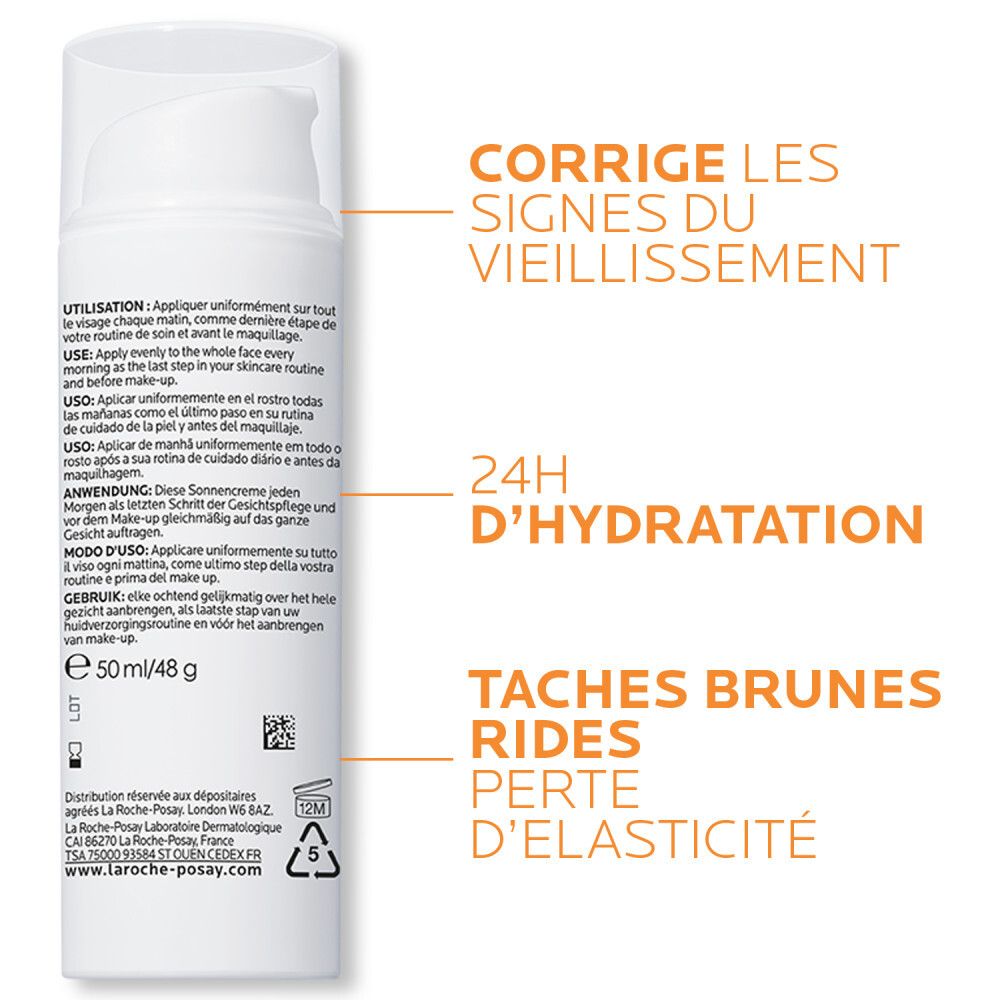 Dos de La Roche-Posay Anthelios Age-Correct Crème de Jour Légère SPF50. Texte multilingue, informations.