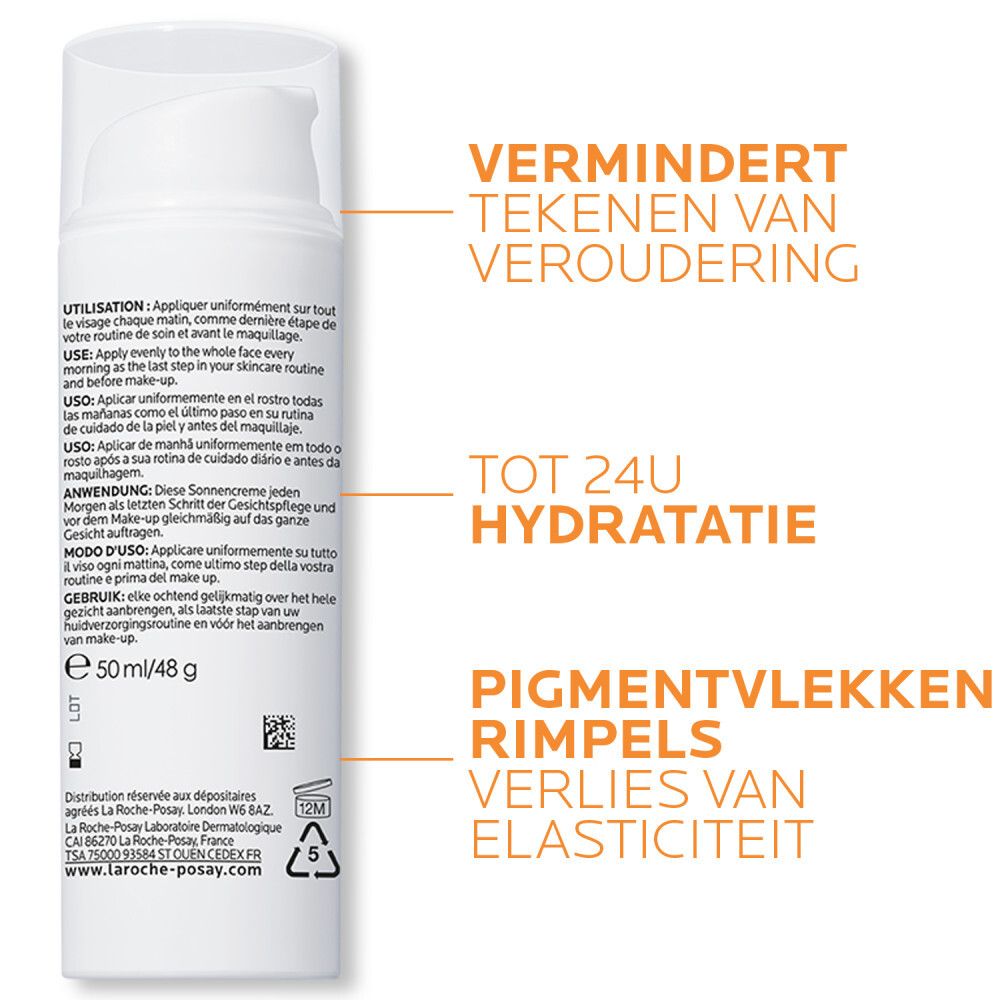 Achterkant van La Roche-Posay Anthelios Age-Correct Crème de Jour Légère SPF50. Meertalige tekst, informatie.