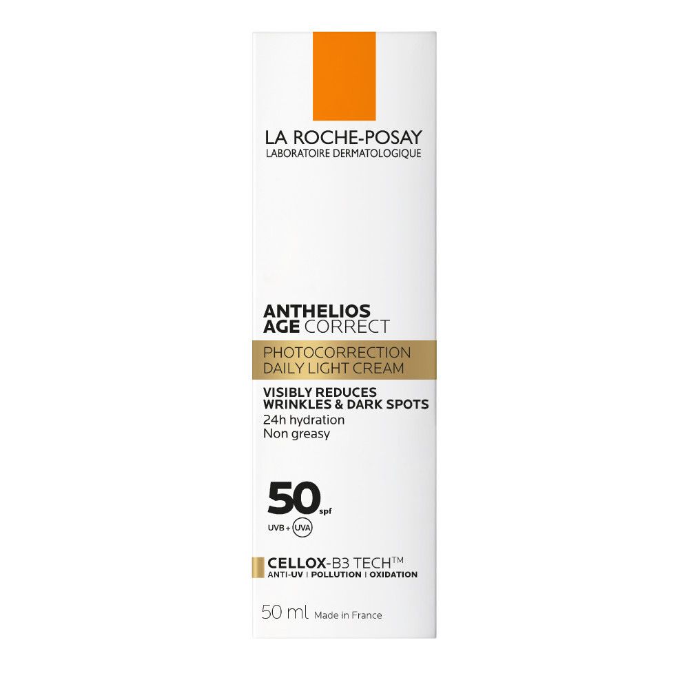 La Roche-Posay Anthelios Age-Correct Photocorrection Daily Light Cream. Witte tube, tekst, SPF50.