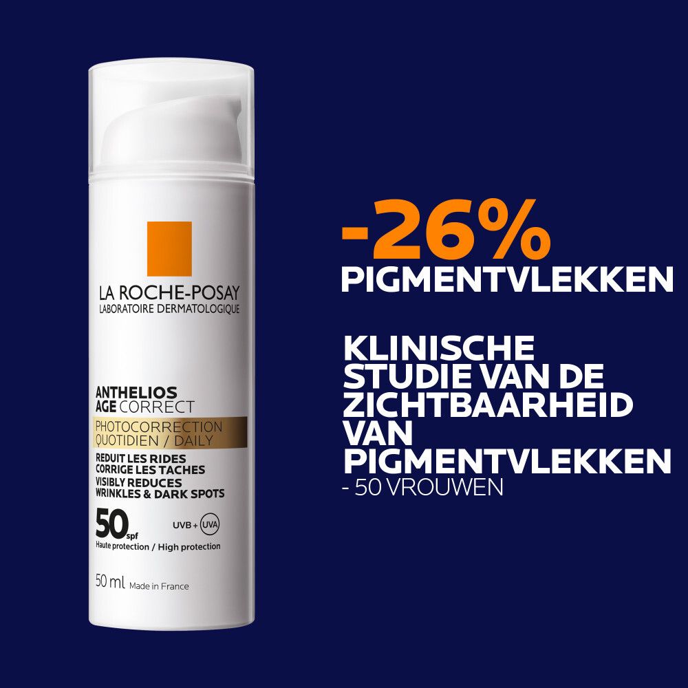 La Roche-Posay Anthelios Age-Correct Photocorrection Daily. Witte tube, tekst, -26% pigmentvlekken.