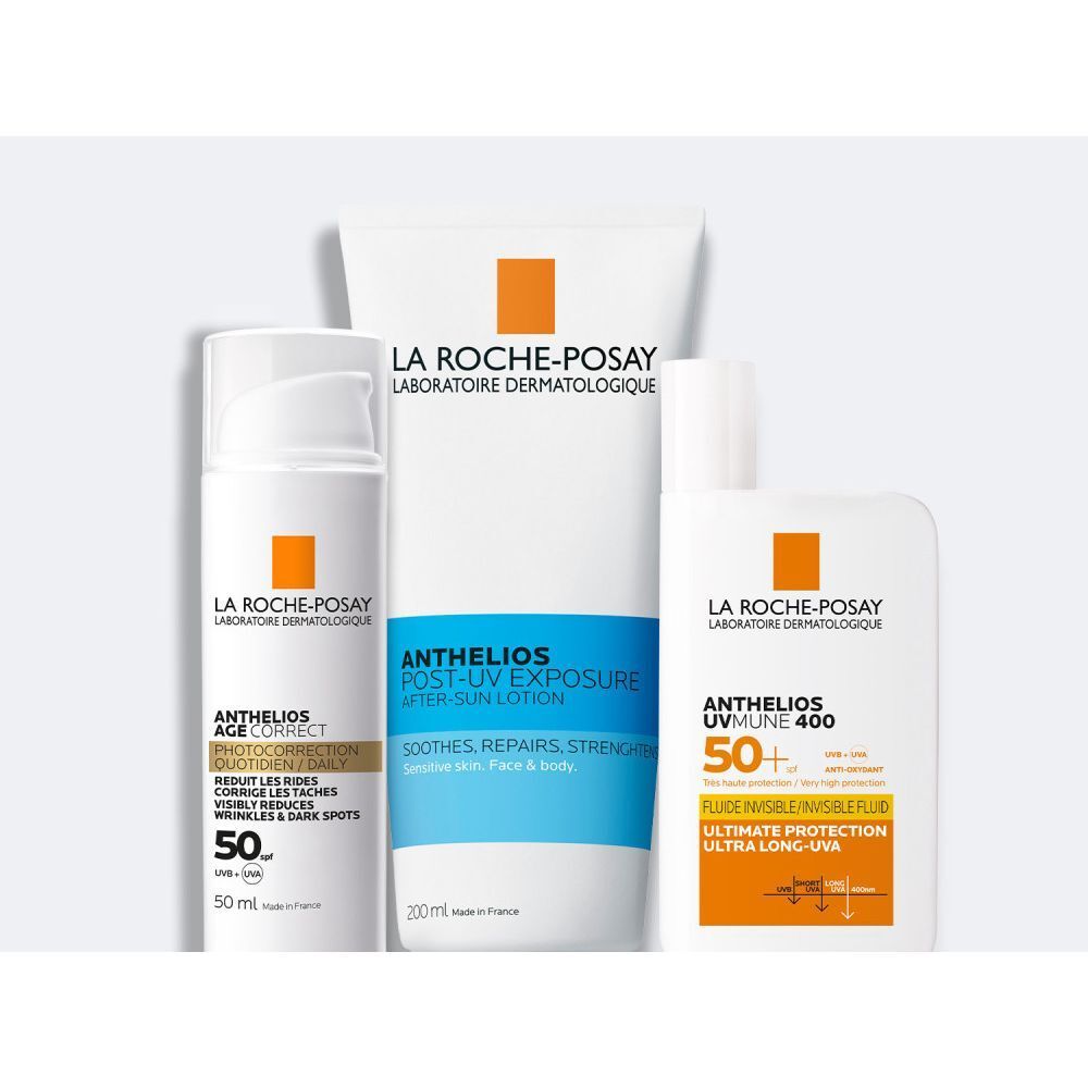 Plusieurs produits La Roche-Posay : Anthelios Age-Correct, lotion après-soleil et UVmune 400.